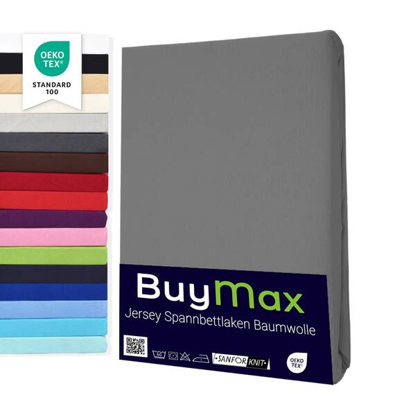 Buymax Spannbettlaken 120x200cm Doppelpack 100% Baumwolle Spannbetttuch Bettlaken Jersey, Matratzenhöhe bis 25 cm, Farbe Anthrazit-Grau