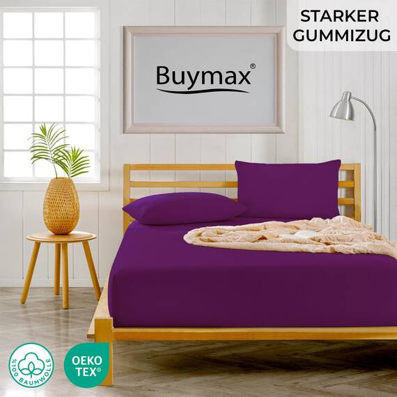 Buymax Spannbettlaken 120x200cm Baumwolle 100% Spannbetttuch Bettlaken Jersey, Matratzenhöhe bis 25 cm, Farbe Aubergine