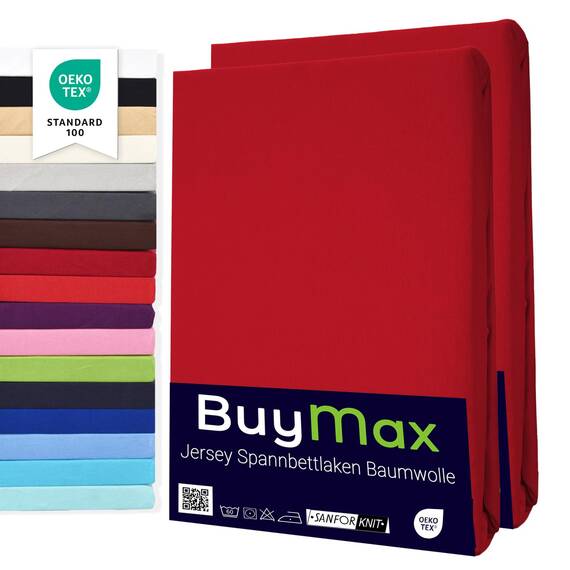 Buymax Spannbettlaken 120x200cm Doppelpack 100% Baumwolle Spannbetttuch Bettlaken Jersey, Matratzenhöhe bis 25 cm, Farbe Rot