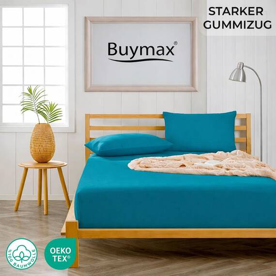 Buymax Topper Spannbettlaken 140x200 cm Spannbetttuch 100% Baumwolle Jersey für Matratzentopper bis 12 cm Matratzenhöhe Bettlaken für Boxspringbett Topper, Petrol