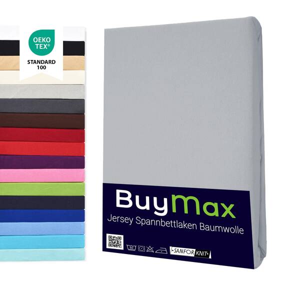 Buymax Topper Spannbettlaken 140x200 cm Spannbetttuch 100% Baumwolle Jersey für Matratzentopper bis 12 cm Matratzenhöhe Bettlaken für Boxspringbett Topper, Silber Grau