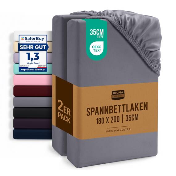 Utopia Bedding - 2er Set Spannbettlaken 180x200cm - Grau - Oeko-Tex Zertifiziertes - Gebürstete Mikrofaser Spannbetttuch - 35 cm Tiefe Tasche