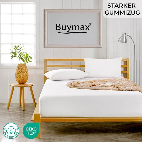 Buymax Spannbettlaken 160x200cm Baumwolle 100% Spannbetttuch Bettlaken Jersey, Matratzenhöhe bis 25 cm, Farbe Weiß