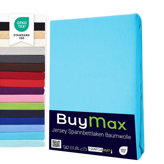 Buymax Spannbettlaken 180x200cm Baumwolle 100% Spannbetttuch Bettlaken Jersey, Matratzenhöhe bis 25 cm, Farbe Türkis