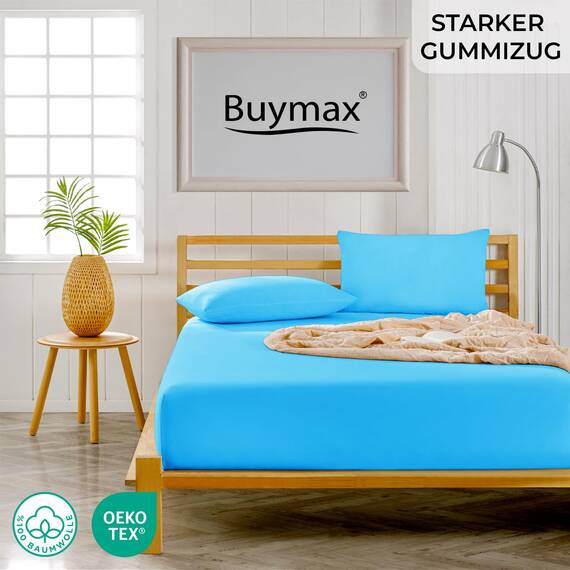 Buymax Spannbettlaken 180x200cm Baumwolle 100% Spannbetttuch Bettlaken Jersey, Matratzenhöhe bis 25 cm, Farbe Türkis