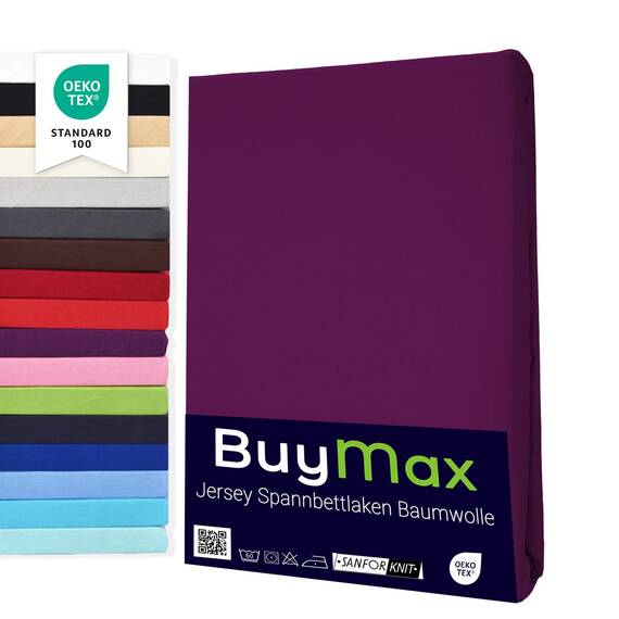 Buymax Topper Spannbettlaken 200x200 cm Spannbetttuch 100% Baumwolle Jersey für Matratzentopper bis 12 cm Matratzenhöhe Bettlaken für Boxspringbett Topper, Aubergine