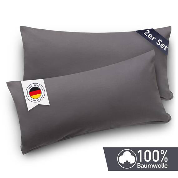 Blumtal Kissenbezug 40 x 80 cm (2er Set Kissenbezüge) - Grau - 100% Baumwoll-Jersey, Oeko-Tex Zertifiziert, Kopfkissenbezug 40x80 - Jersey Kissenhülle für Kissen 40x80 cm mit Reißverschluss