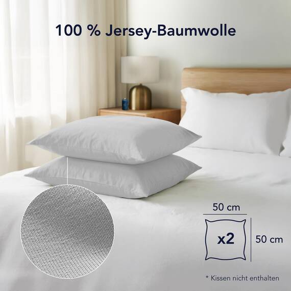 Dreamzie Kopfkissenbezug, 50 x 50 cm (2 Stück), 100% Baumwolle, Jersey, 150 g/m², grau, Kissenbezug 50 x 50 cm, Baumwolle, strapazierfähig, hypoallergen, für Kopfkissen