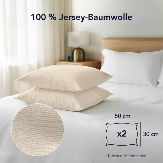 Dreamzie Kissenbezug 30x50 (Set mit 2) - 100% Jersey Baumwolle 150 g/qm Kissenbezüge -Beige - Für Kissenbezug 50x30 cm - Kissenhülle - Resistent und Hypoallergen
