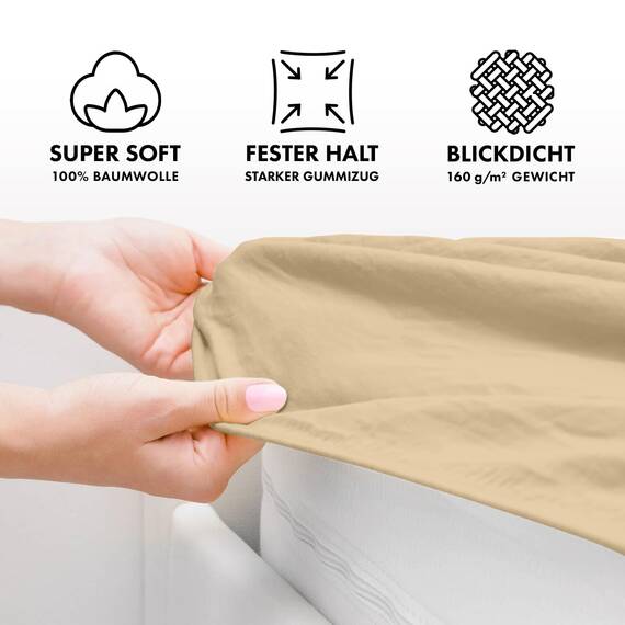 Jacobson Jersey Spannbettlaken Spannbetttuch Baumwolle Bettlaken (90x200-100x200 cm, Beige)