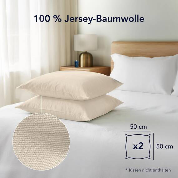 Dreamzie Kissenbezug 50x50 (Set mit 2) - 100% Jersey Baumwolle 150 g/qm Kissenbezüge -Beige - 50x50 Baumwolle - Kissenhülle - Kissenbezug - Resistent und Hypoallergen