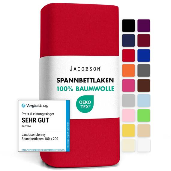 Jacobson Jersey Spannbettlaken Spannbetttuch Baumwolle Bettlaken (90x200-100x200 cm, Rot)