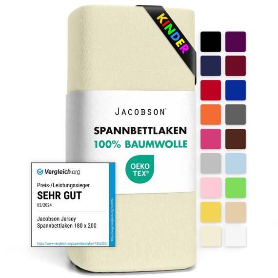 Jacobson Jersey Spannbettlaken Spannbetttuch Baumwolle Bettlaken (60x120-70x140 cm, Natur)