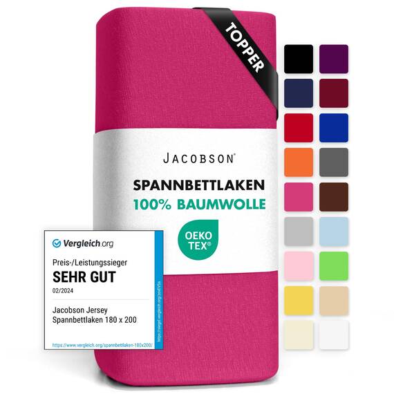 Jacobson Jersey Spannbettlaken Spannbetttuch Baumwolle Bettlaken (Topper 140-160x200 cm, Pink)
