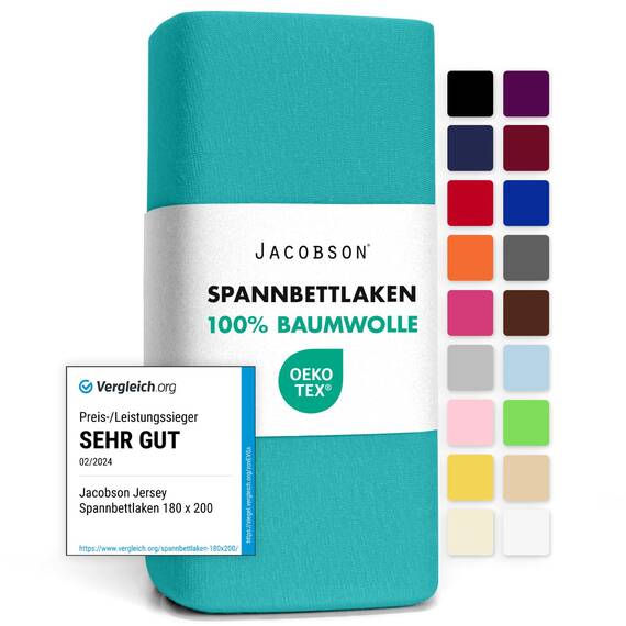 Jacobson Jersey Spannbettlaken Spannbetttuch Baumwolle Bettlaken (120x200-130x200 cm, Türkis)