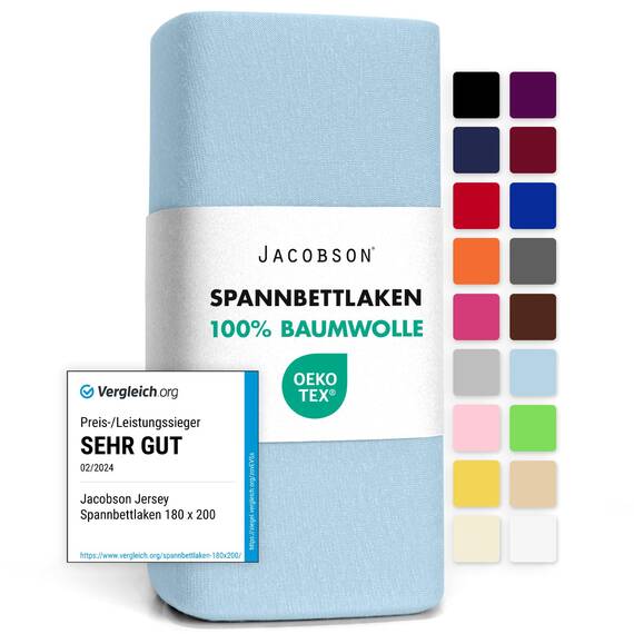 Jacobson Jersey Spannbettlaken Spannbetttuch Baumwolle Bettlaken (120x200-130x200 cm, Hellblau)