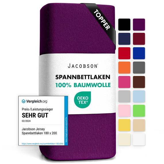 Jacobson Jersey Spannbettlaken Spannbetttuch Baumwolle Bettlaken (Topper 140-160x200 cm, Royal Lila)