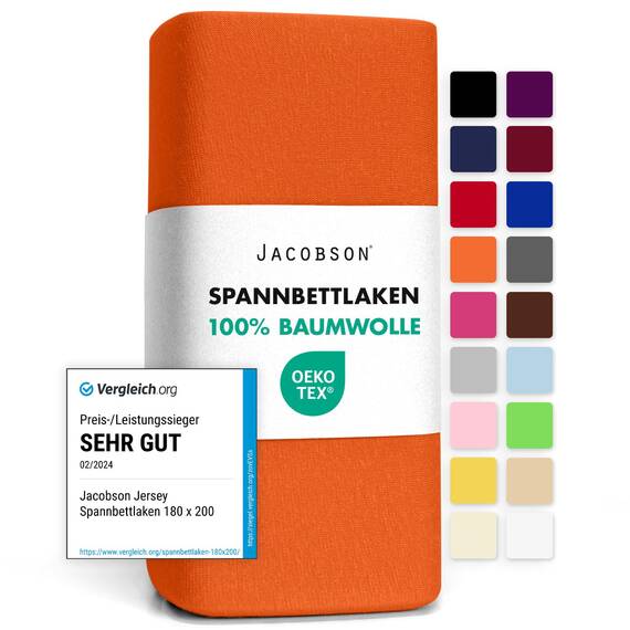 Jacobson Jersey Spannbettlaken Spannbetttuch Baumwolle Bettlaken (140x200-160x200 cm, Orange)