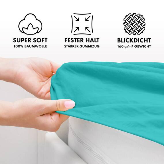Jacobson Jersey Spannbettlaken Spannbetttuch Baumwolle Bettlaken (140x200-160x220 cm, Türkis)
