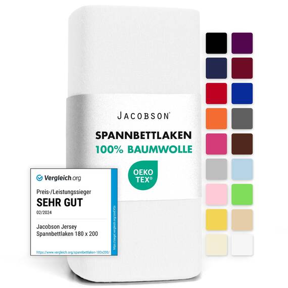 Jacobson Jersey Spannbettlaken Spannbetttuch Baumwolle Bettlaken (180x200-200x200 cm, Weiss)