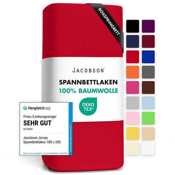 Jacobson Jersey Spannbettlaken Spannbetttuch Baumwolle Bettlaken (140x200-160x220 cm, Rot)