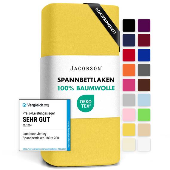 Jacobson Jersey Spannbettlaken Spannbetttuch Baumwolle Bettlaken (180x200-200x220 cm, Gelb)