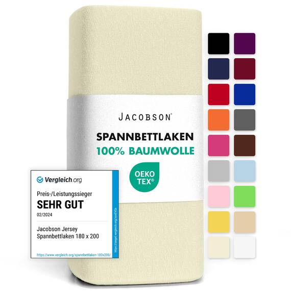 Jacobson Jersey Spannbettlaken Spannbetttuch Baumwolle Bettlaken (180x200-200x200 cm, Natur)