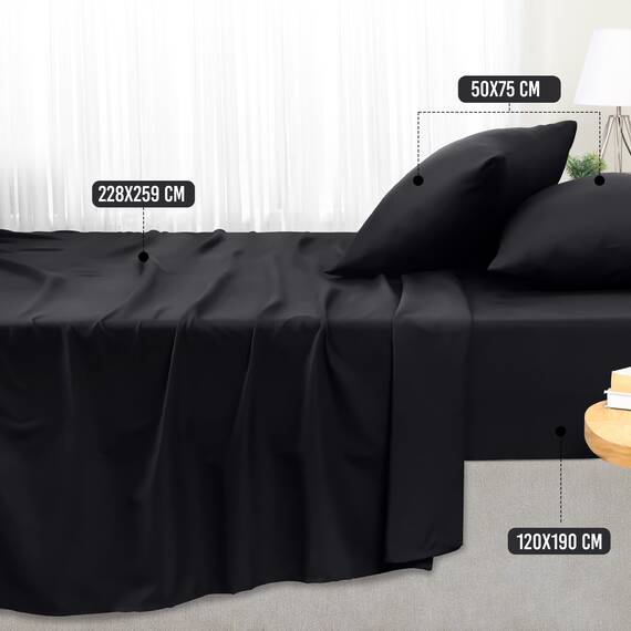 Utopia Bedding 4 Teilige Bettlaken Set 120x190 cm, Schwarz - Polyester Microfaser, Oeko-Tex Zertifiziert, 1 Spannbettlaken 120x190 cm, 1 Bettlaken 228x259 cm und 2 Kissenbezüge 50x75 cm