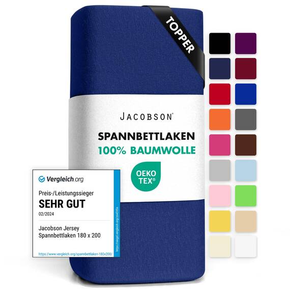 Jacobson Jersey Spannbettlaken Spannbetttuch Baumwolle Bettlaken (Topper 180-200x200 cm, Royal Blau)