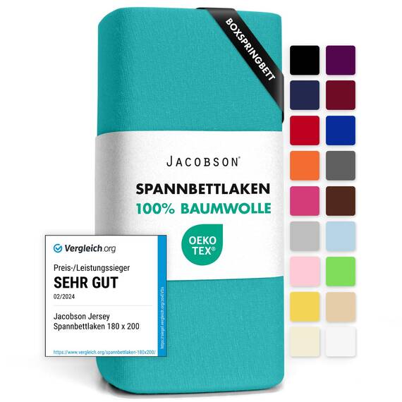 Jacobson Jersey Spannbettlaken Spannbetttuch Baumwolle Bettlaken (140x200-160x220 cm, Türkis)