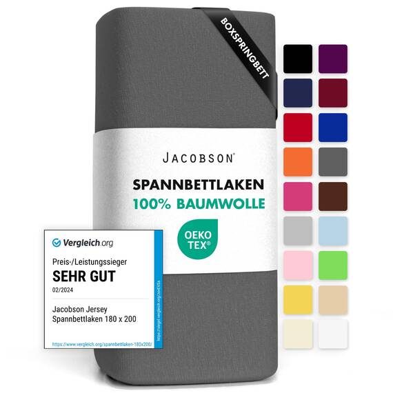 Jacobson Jersey Spannbettlaken Spannbetttuch Baumwolle Bettlaken (180x200-200x220 cm, Anthrazit)