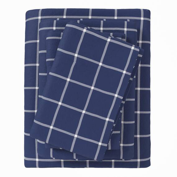 Great Bay Home Flanell-Bettwäsche-Set, California-Kingsize-Bett, 100 % türkische Baumwolle, doppelt gebürstet, bedruckt, ultraweich, gemütlich, 4-teiliges Bettwäsche-Set (Windowpane, Marineblau/Weiß)