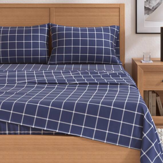 Great Bay Home Flanell-Bettwäsche-Set, California-Kingsize-Bett, 100 % türkische Baumwolle, doppelt gebürstet, bedruckt, ultraweich, gemütlich, 4-teiliges Bettwäsche-Set (Windowpane, Marineblau/Weiß)