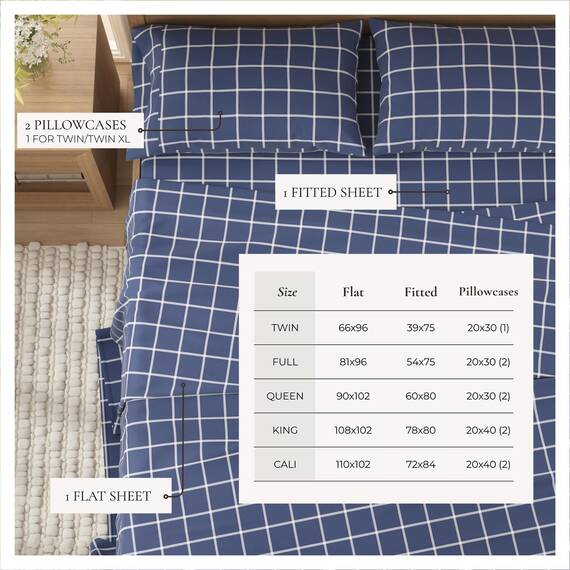 Great Bay Home Flanell-Bettwäsche-Set, California-Kingsize-Bett, 100 % türkische Baumwolle, doppelt gebürstet, bedruckt, ultraweich, gemütlich, 4-teiliges Bettwäsche-Set (Windowpane, Marineblau/Weiß)