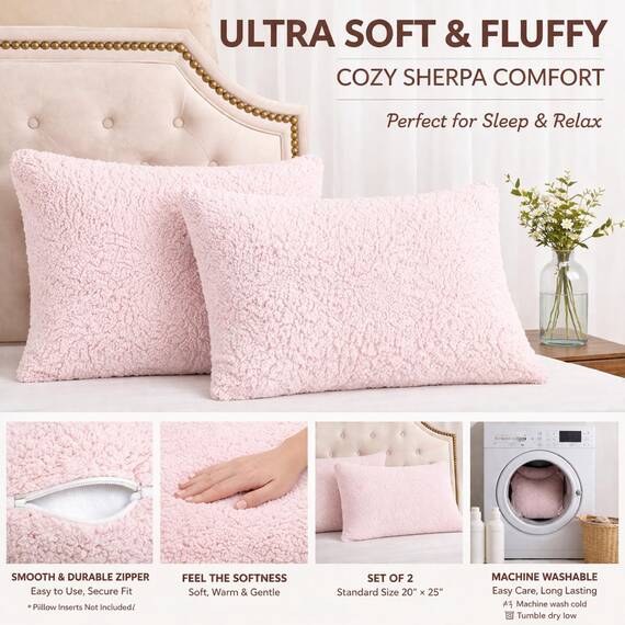 Reafort Ultraweiche Sherpa-Kissenbezüge, Standardgröße, 50,8 x 66 cm, 2 Stück, mit Reißverschluss, Rosa, 50,8 x 66 cm Standard-Kissenbezug