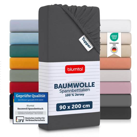 Blumtal® Baumwolle Spannbettlaken für Topper 90x200 cm Basics Jersey - Bettlaken 90x200 cm - Oeko-TEX zertifiziertes Spannbetttuch - Anthrazit