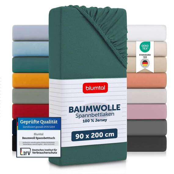 Blumtal® Baumwolle Spannbettlaken 90x200 cm Basics Jersey - Oeko-TEX zertifiziertes Spannbetttuch - Matratzenbezug 90x200 cm - Bettbezug - Leintuch - Silver Pine
