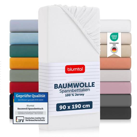 Blumtal Spannbettlaken für Einzelbett aus Baumwolle 135 g/m² - Bettlaken 90 x 190 cm - Matratzenhöhe 20 cm - Weiß