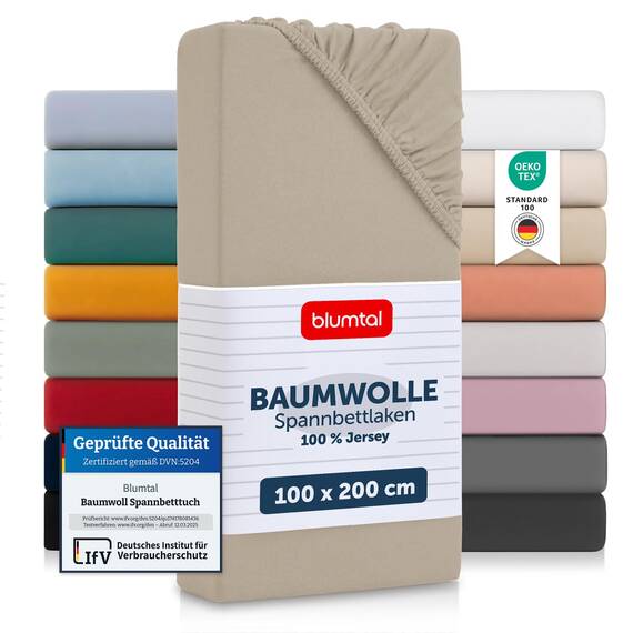 Blumtal® Baumwolle Spannbettlaken 100x200cm Basics Jersey - Oeko-TEX zertifiziertes Spannbetttuch 100x200cm - Matratzenbezug 100x200 - Bettbezug - Leintuch - Taupe