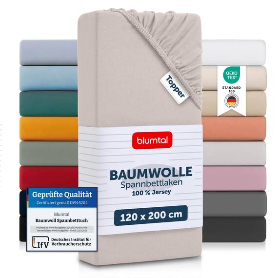 Blumtal® Basics Spannbettlaken Topper 120x200 cm Jersey im 2er Set - Bettlaken 120x200 cm aus 100% Baumwolle - Oeko-TEX zertifiziertes Spannbetttuch 120x200 cm - Topper Spannbettlaken - Elfenbein