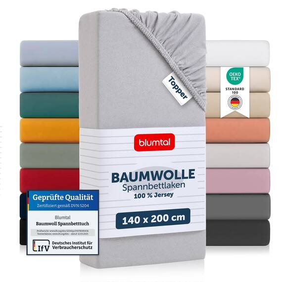 Blumtal® Basics Spannbettlaken Topper 140x200cm Jersey - Bettlaken 140x200cm aus 100% Baumwolle - Oeko-TEX zertifiziertes Spannbetttuch 140x200cm - Topper Spannbettlaken- Moonlight Grey - Grau