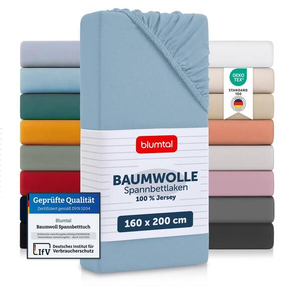 Blumtal® Baumwolle Spannbettlaken 160x200cm Basics Jersey - Bettbezug 160x200 - Oeko-TEX zertifiziertes Spannbetttuch 160x200cm - Matratzenbezug 160x200 - Bettbezug - Leintuch - Dusk Blue