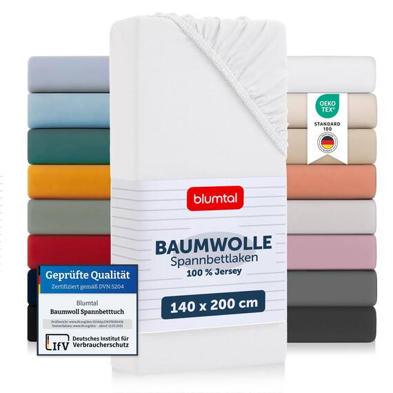 Blumtal® Basics Spannbettlaken 140x200cm Jersey - Bettlaken aus 100% Baumwolle - Oeko-TEX zertifiziertes Spannbettlaken 140x200 - Weiß