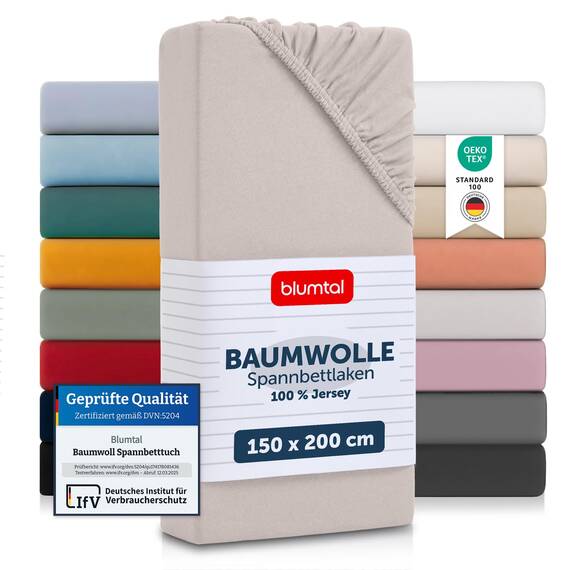 Blumtal® Baumwolle Spannbettlaken Basics Jersey - 150x200cm Bettbezug - Oeko-TEX zertifiziertes Spannbetttuch - Matratzenbezug - Leintuch - Laken in Elfenbein
