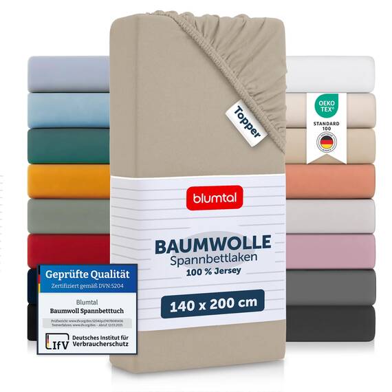 Blumtal® Baumwolle Spannbettlaken für Topper 140x200cm Basics Jersey - Bettlaken 140x200cm - Oeko-TEX zertifiziertes Spannbetttuch 140x200 - Topper Spannleintuch 140x200 - Betttuch - Taupe