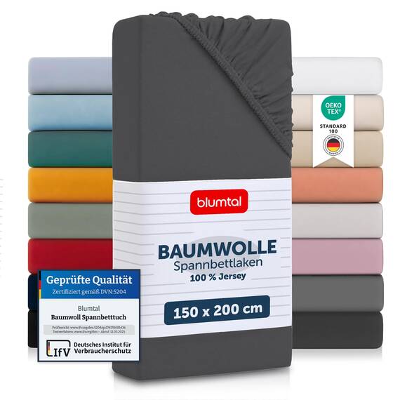 Blumtal® Baumwolle Spannbettlaken 150x200cm Basics Jersey im 2er Set - Bettbezug 150x200cm - Oeko-TEX zertifiziertes Spannbetttuch 150x200cm - Matratzenbezug 150x200cm - Leintuch - Anthrazit