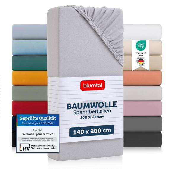 Blumtal® Basics Spannbettlaken 140x200cm Jersey - Baumwolle - Oeko-TEX zertifiziert - Matratzenbezug - Bettbezug - Moonlight Grey
