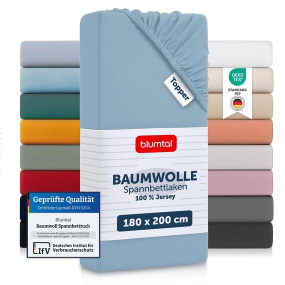 Blumtal® Baumwolle Spannbettlaken für Topper 180x200cm Basics Jersey - Bettlaken 180x200cm - Oeko-TEX zertifiziertes Spannbetttuch 180x200 - Topper Spannleintuch 180x200 - Betttuch - Dusk Blue