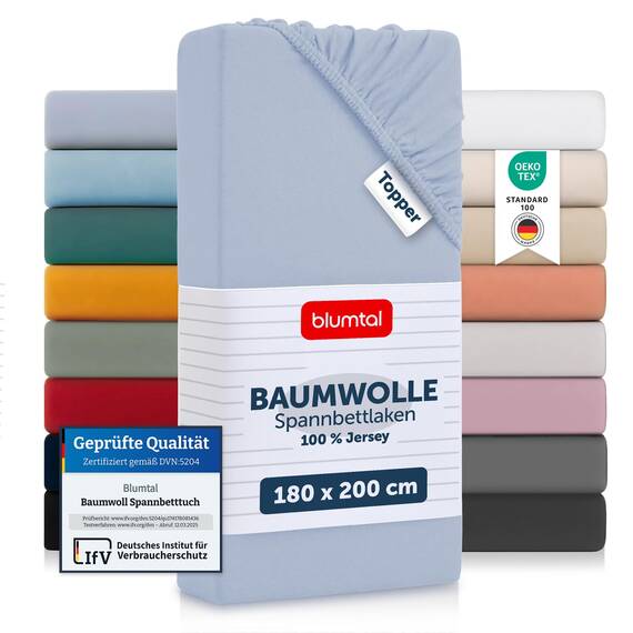 Blumtal® Basics Spannbettlaken Topper 180x200cmJersey - Bettlaken 180x200cm aus 100% Baumwolle - Oeko-TEX zertifiziertes Spannbetttuch 180x200cm - Topper Bezug 180x200 cm - Laken - Hellblau