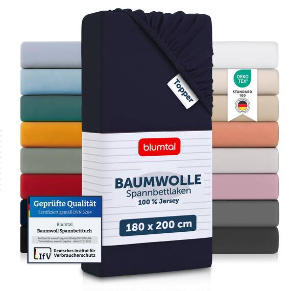 Blumtal® Basics Spannbettlaken Topper 180x200cmJersey - Bettlaken 180x200cm aus 100% Baumwolle - Oeko-TEX zertifiziertes Spannbetttuch 180x200cm - Topper Bettlaken - Dark Ocean Blue - Blau